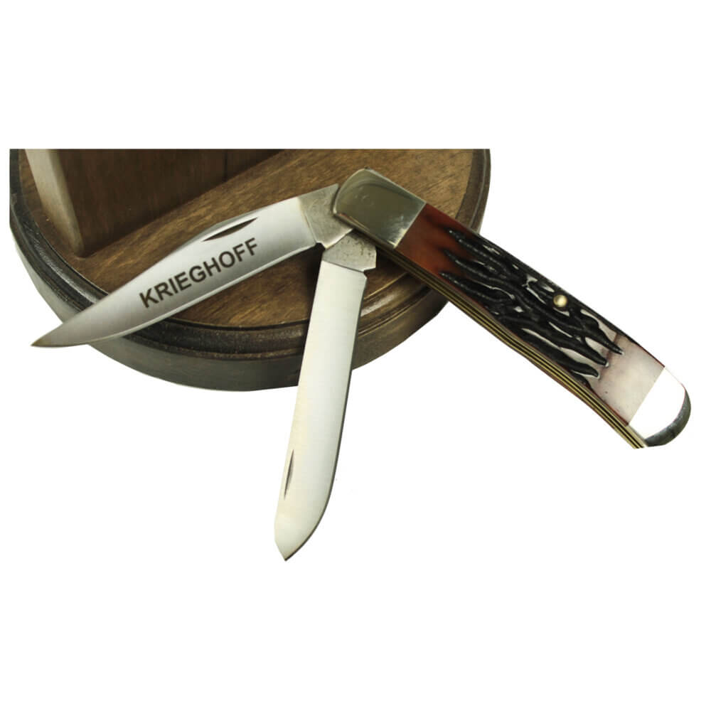 Krieghoff “Large Trapper” 2 Blade Folding Knife with Red Bone Handles by Hard Hat